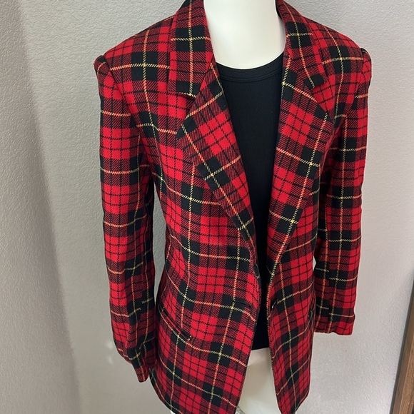 Sellecca Women’s Oversize Red Plaid One Button Pocket Wool Blend Blazer Size 10 - Picture 3 of 9